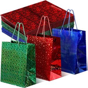 30 Pcs Christmas Bags Gift Medium Size Bulk Metallic Foil Shiny Glitter Christmas Wrap Gift Bags 7x9 in Holographic Iridescent Xmas Goodie Treat Tote for Xmas Holiday Party Favor Packaging (Red,Green,Blue)
