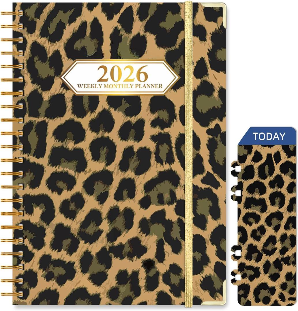 2026 Planner, Jan.2026 - Dec.2026 Planner Weekly and Monthly 6.25"x8.5" with Page Tabs, Calendar Hardcover with Inner Pocket, Elastic Band,Twin-Wire Binding,Bookmark, Black Leopard