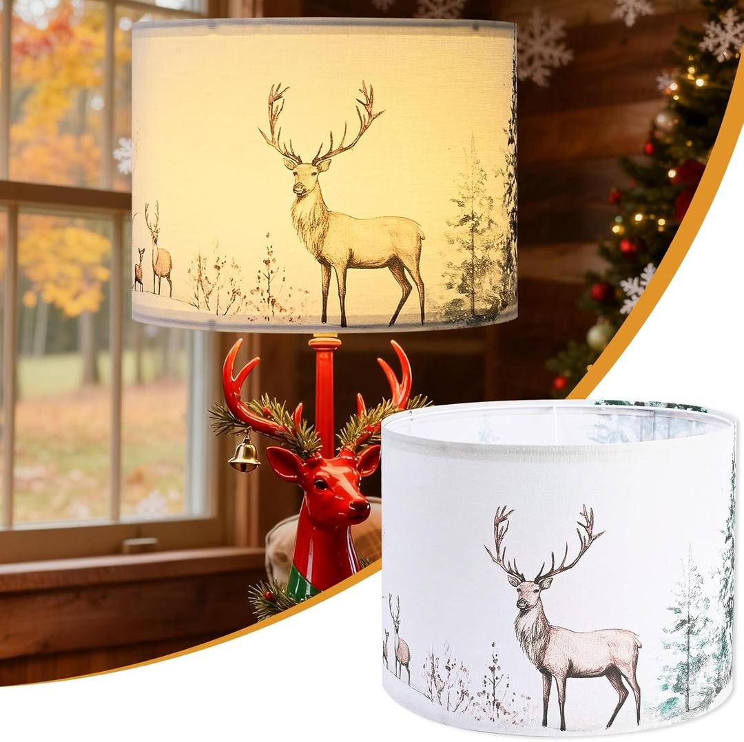 13Inch Lamp Shade, Green Forest Lamp Shades for Christmas, HD Printing Deer Lampshade, Drum Lamp Shades fit with Spider/Uno, Lamp Shades for Floor Lamps, Table Lamps (1PCS, Easy Assembly)