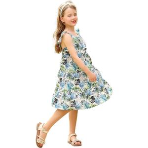 Girls Summer Dresses Boho Floral Print Cute Layer Ruffle Sleeve Hawaiian Casual Sundress Dress 12-13 Years (Tropical Plants)