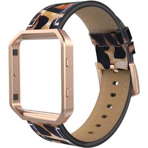 Simpeak Leather Band with Case Frame Compatible with Fitbit Blaze Smartwatch, Large Size with Frame, Genuine Leather Band Replacement for Fitbit Blaze, Leapard+Rose Gold Frame