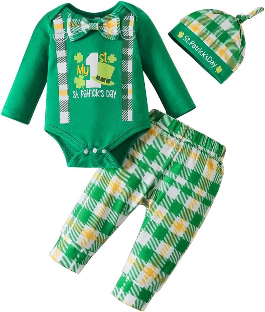 Baby Boy My 1st St.Patricks Easter Day Gentleman Outfit Bow Tie Romper Infant Clover Bunny Pant Sets AndHat (12-18 Months, Green-Cover)