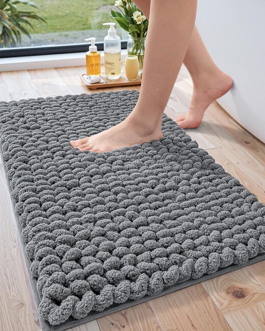 LUMI Luxury Bathroom Rug, Ultra Soft Quick Dry Bath Mat, Non-Slip Absorbent Thick Chenille Bath Rug, Cozy Braid Design Floor Mat for Bathtub, Sink, Laundry, Bedroom, Grey, 17"x30"