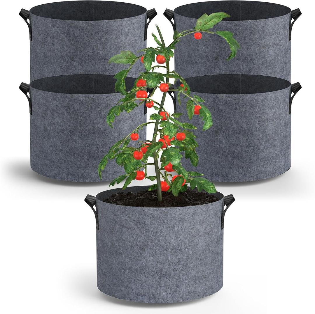5-Pack Grow Bags 25 Gallon Thickened Plant Grow Bags Multi-Purpose Nonwoven Fabric Pots with Durable Handles, Outdoor Garden Plant Pots for Fruits Vegetables Flowers Herb Bonsai Plants, Gray