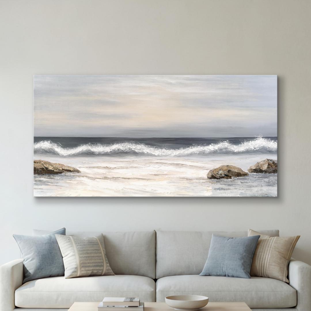 SENROLAN Coastal Seascape Canvas Wall Art, Neutral Blue Grey Ocean Waves Wrapped Canvas Print, Large Horizontal Wall Decor for Living Room Above Sofa, Ready to Hang, 48 x 24 Inch