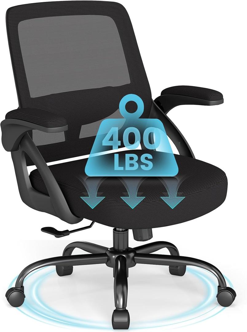 AnyGod Big and Tall Office Chair, Ergonomic Desk Chair Mesh Mid Back with Comfy Lumbar Support Swivel Task Executive Chairs with Wheels, Flip up Arms for Home, Office, Study (Black)