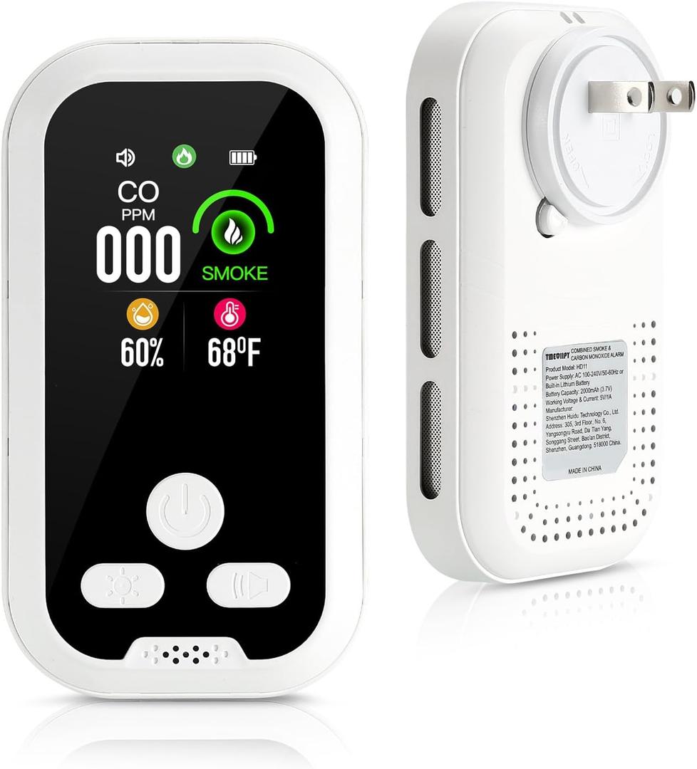 Smoke and Carbon Monoxide Detectors Plug in Wall, 4-in-1 CO Detector Smoke Alarm Humidity & Temp Meter, Portable Carbon Monoxide Alarm HD Screen, CO Monitor for Home Travel Hotel Camping RV (White)