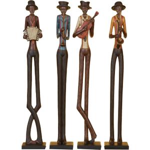 Deco 79 Polystone Musician Decorative Sculpture Tall Long Legged Jazz Band Home Decor Statues with Black Base Stand, Set of 4 Accent Figurines 4"W, 24"H, Brown