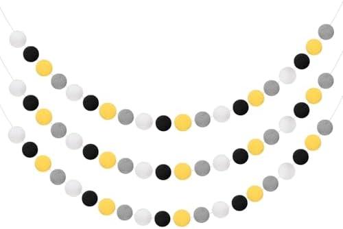 uxcell 3pcs Pom Pom Garland 6.6 ft 30 Balls Colorful Felt Ball Garland for Wall Decor Birthday Banner Easter Party Decorations, Black, White, Grey, Yellow