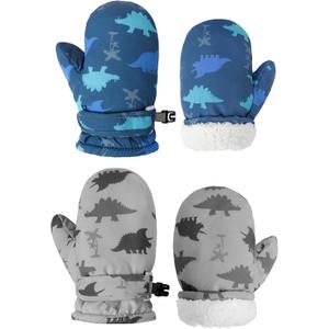 Toddler Mittens Lined Fleece Snow Gloves for Boys Girls Kids Winter Ski Gloves Baby Mittens (4-6 Years, Blue&gray Dinosaur)