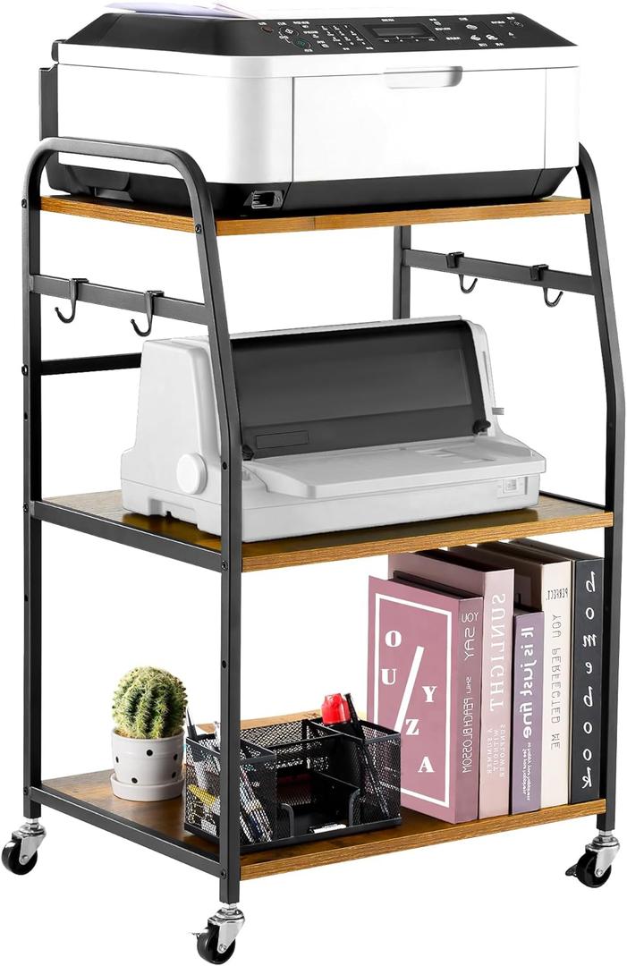 Printer Stand - Large 3 Tier Printer Table with Adjustable Storage Shelf - Rolling Cart with Wheels -Stable Desk for Home Office Use (Rustic Brown)