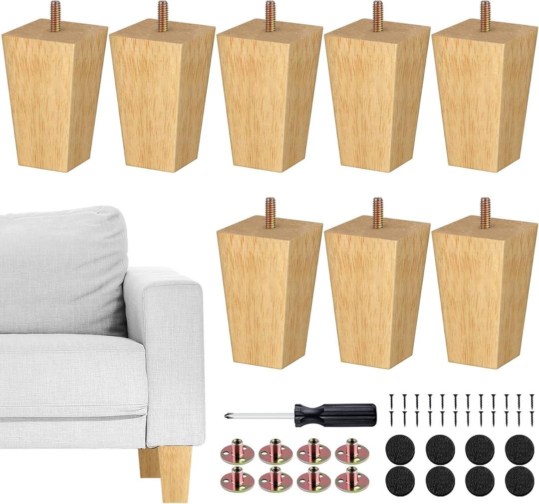 TURSTIN Set of 8 Furniture Legs 4 Inch Square Solid Wood Couch Legs Replacement Sofa Legs Mid Century Furniture Feet for Armchair Bed Dresser Cabinet Include Installation Hardware, Natural