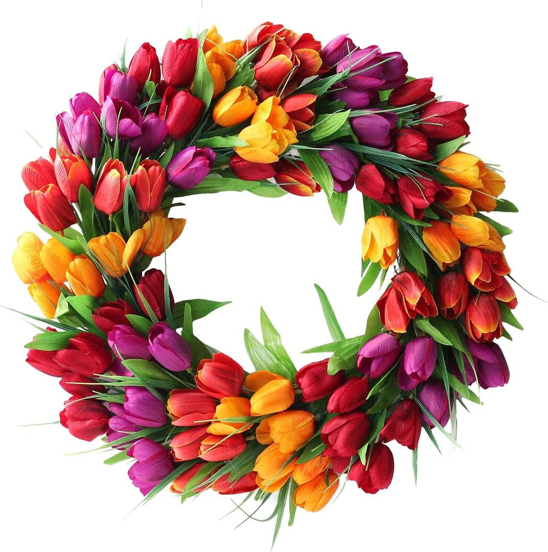 UNIE 20Inch Tulip Wreath Flower Wreaths for Front Door, Spring Silk Wreath with Green Leaves for Window Wall Wedding Valentines Day Decor