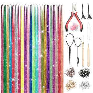Hair Tinsel Kit 22 Colors, 8000 Strands, 48 Inches Heat-Resistant Glitter Hair Extensions with Application Tools, Holographic Fairy Hair Tinsel for Girls & Kids, For Christmas, Halloween (22 colors)