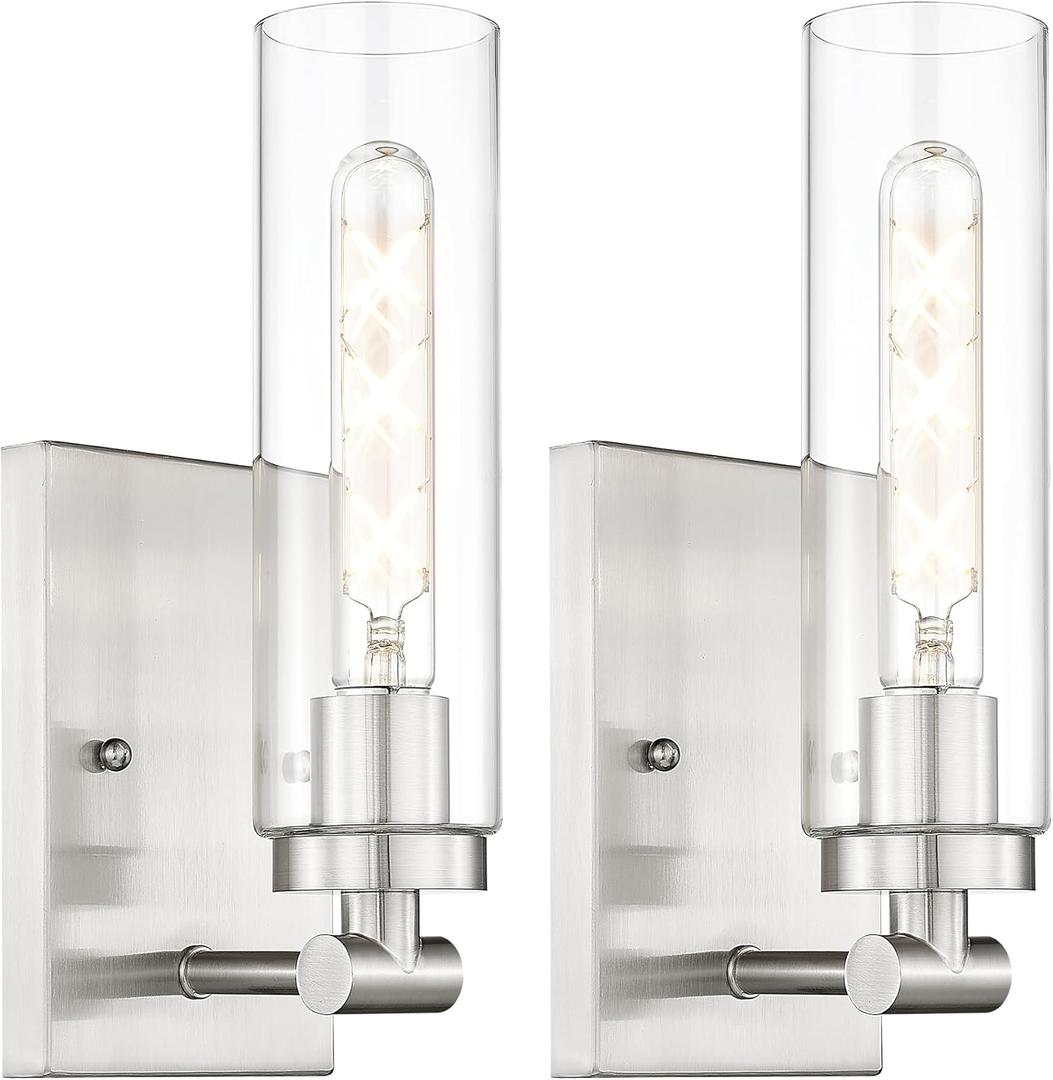 Emak Modern Wall Lights, Brushed Nickel Sconces with Clear Glass Shade, 2 Light Bathroom Vanity Light for Bathroom, Mirror, Living Room, Bedroom, Gallery, WS086-BN-CG-2PK