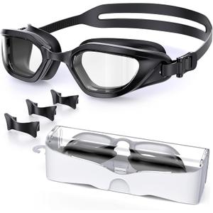 Swim Goggles, Unisex Adult Swimming Goggles Anti Fog Anti UV No Leakage Wide View for Men Women Youth (Black/Clear Smoke)