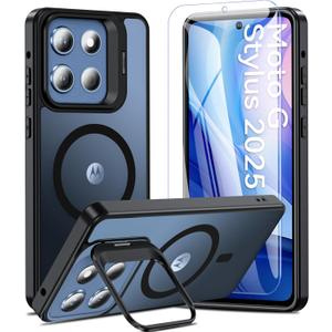 Magnetic for Moto G Stylus 5G 2025 Case with Screen Protector, Built-in Camera Stand Phone Case Shockproof Protective Translucent Matte Cover for Motorola Moto G Stylus 5G 2025 Case (Black)