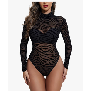 Avidlove Long Sleeve Bodysuit for Women Turtleneck Sheer Mesh Bodysuit Geo Print Leotards L