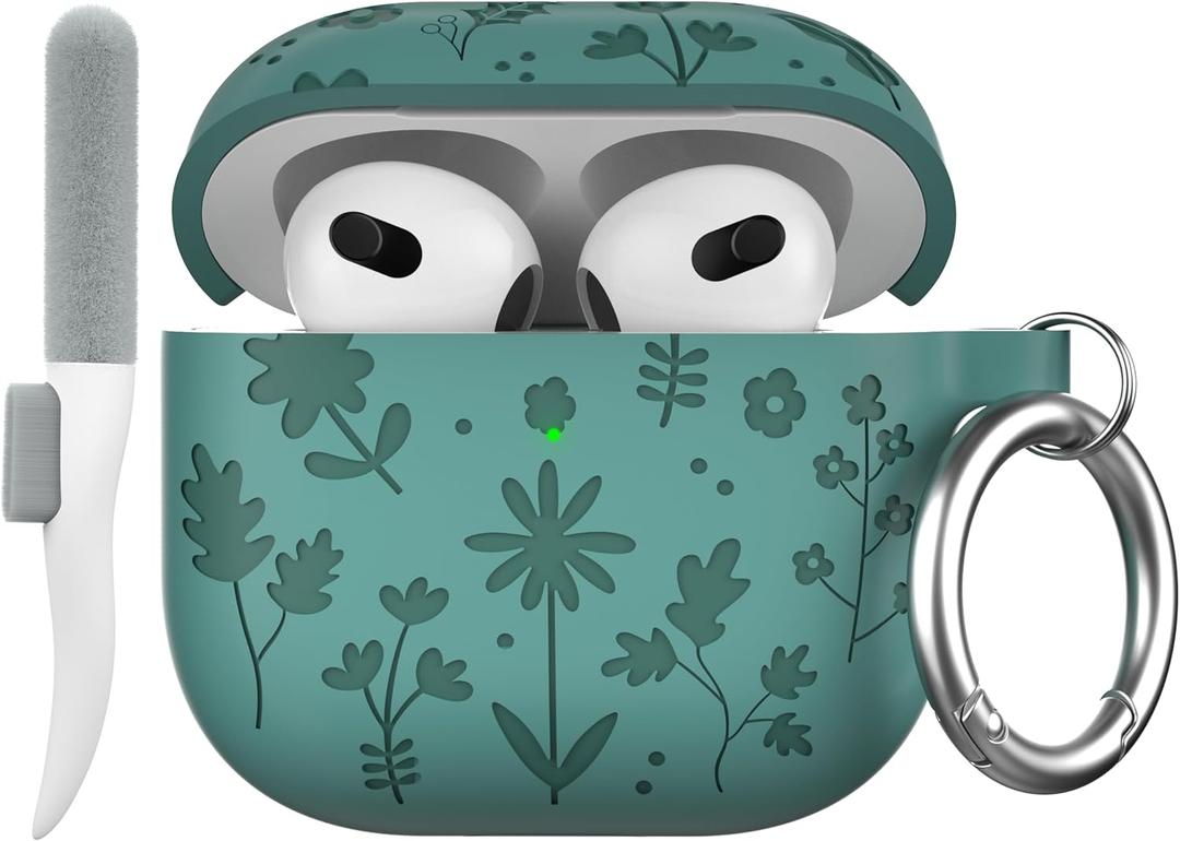 Maxjoy for AirPods 4 Case, Engraved Silicone Cute AirPod 4 Case for Women Men Protective iPod 4 Cover with Keychain Cleaning Kit for AirPod 4th Generation Cover 2024, Pine Green