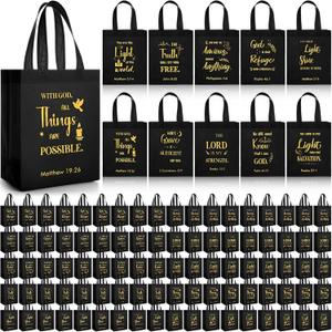 Windyun 100 Pcs Christian Gift Bag Bulk 8" x 4" x 10" Reusable Bible Verse Tote with Handle Religious Scripture Blessing Bags for Church Pastor Welcome Visitors Sunday School Party Favors (Black)
