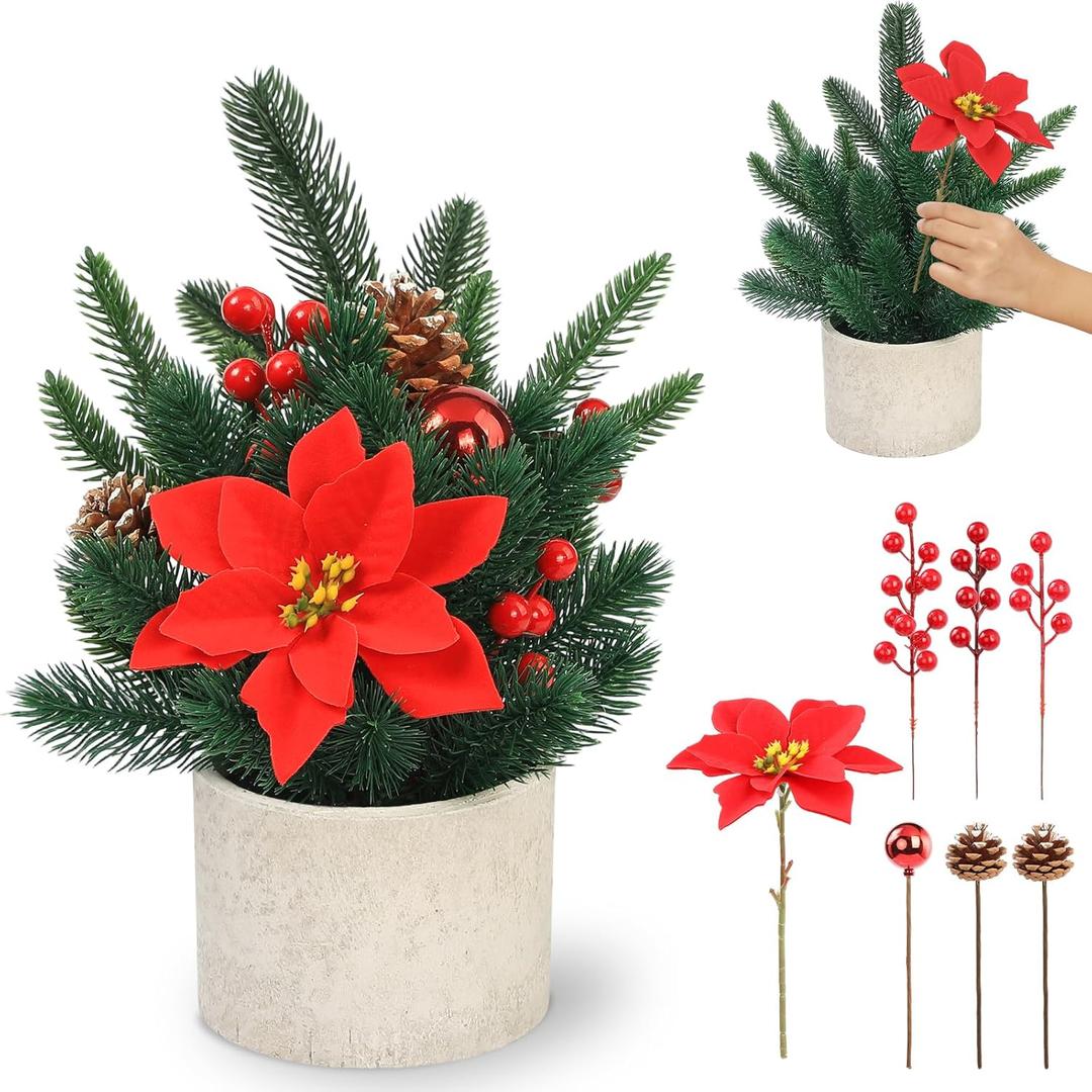 Christmas Small Fake Plant, Artificial Tabletop Christmas Potted Plant with Poinsettia, Pine Cones & Berries, Small Christmas Tree Xmas Decor for Office, Home Decor (Green)