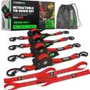 Rhino USA Retractable Ratchet Straps (4-Pack) - 1 Inch x 10 Feet (1,209lb Break Strength) - Heavy Duty Auto Self Retracting Tie Down Straps for Truck, Cargo Trailer, Motorcycle, Rad & More - Red