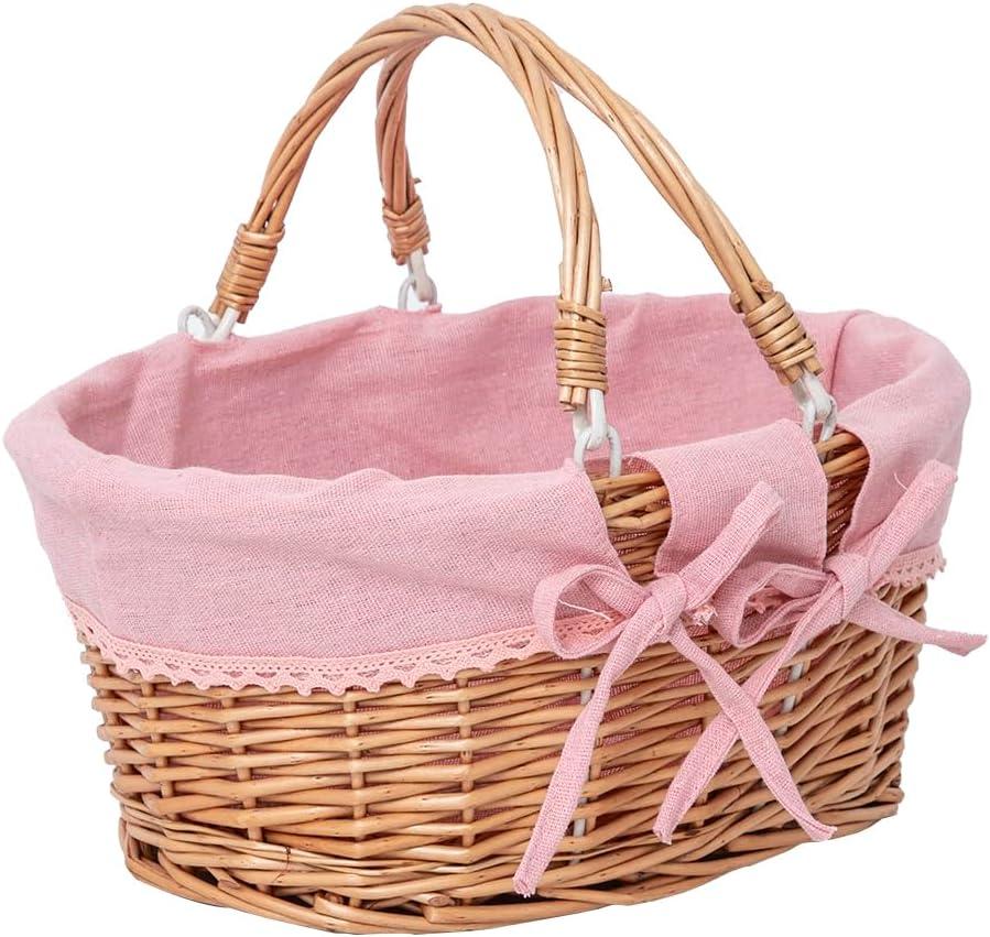 Small Wicker Basket with Removable Pink Liner, Willow Storage Basket for Gifts with Double Handles, Easter Basket, Wedding, Egg Gathering, Pink