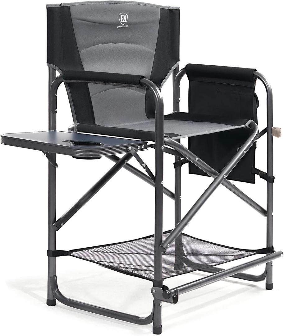 EVER ADVANCED Medium Tall Directors Chair Foldable Makeup Artist Chair Bar Height with Side Table Cup Holder and Pocket Footrest, Supports 400LBS (Grey, Seat Height: 23.2 inches)