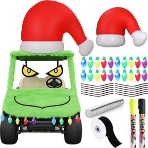 Yookeer Christmas Golf Cart Decoration Kit Large Inflatable Santa Hat for Car Christmas Golf Cart Accessories Reflective Bulb Light Shaped Magnets Car Covers for Holiday Decorations(Green)