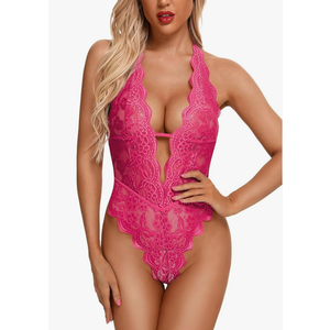 Aranmei Sexy Lingerie for Women Hollow Out Floral Lace Bodysuit One Piece Lingerie Deep V Teddy Babydoll Underwear L
