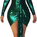 BestGirl Women's Sexy Dress Deep V Neck Long Sleeve Ruched Sparkly Bodycon Club Mini Dresses (Green, Medium)