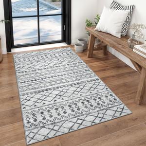 KUTA 3x5 Grey Boho Area Rug for Living Room, Moroccan Washable Kitchen Rugs Non Slip, Ultra Soft Print Distressed Geometric Low-Pile Entry Throw Carpet for Bedroom Nursery Dorm Decor