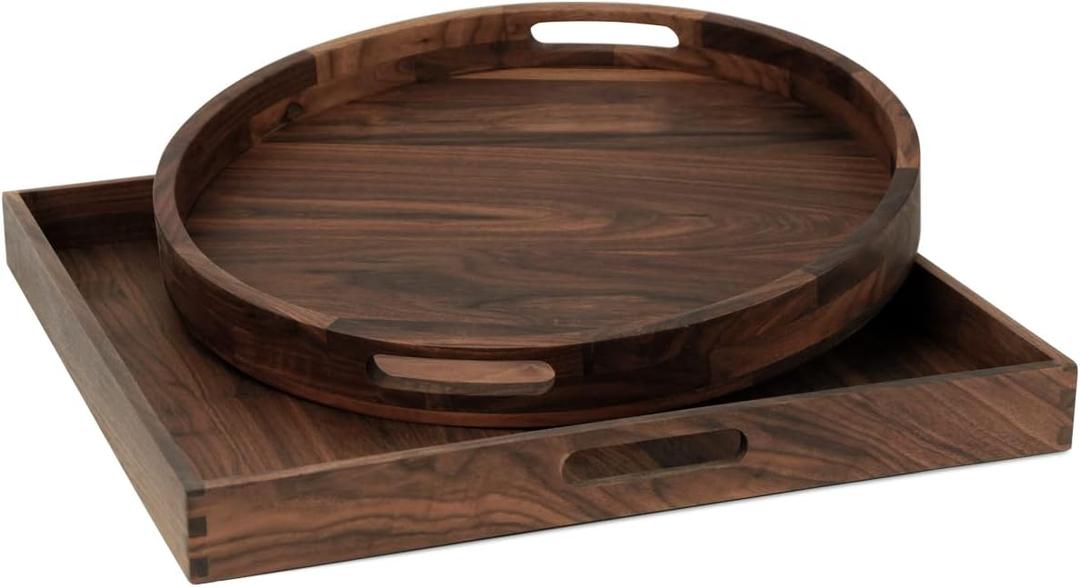 Set of 2 Large Black Walnut Wood Ottoman Tray with Handles, Serve Tea, Coffee, Classic Wooden Decorative Serving Tray (19 inch Square &18 inch Round)