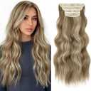 KooKaStyle Clip in Synthetic Hair Extensions Long Wavy 4PCS Thick Hairpieces Ash Blonde Balayage Fiber Double Weft Natural Hair Extensions 20 Inch for Women