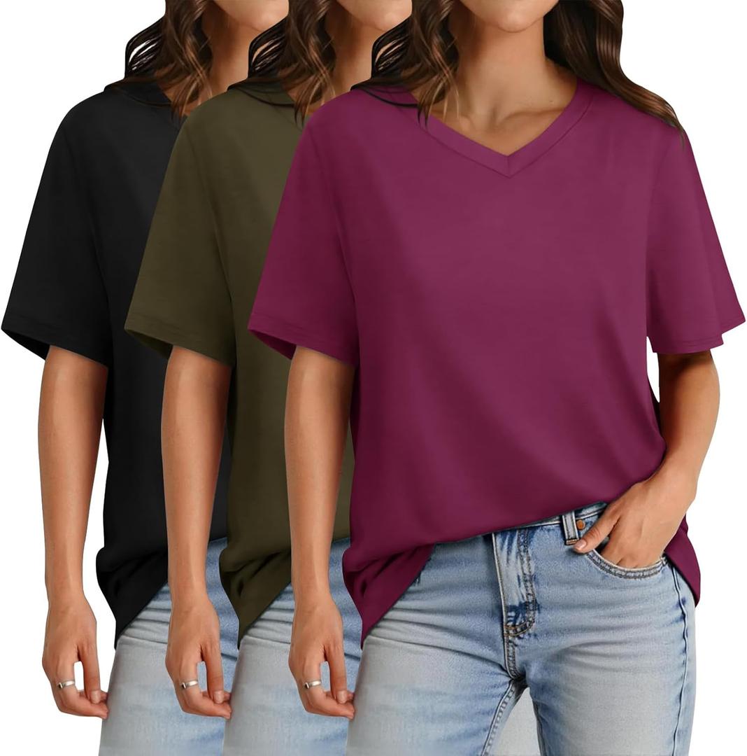 GAYHAY 3 Pack V Neck T Shirts for Women - Casual Loose Fit Spring Summer Tops Trendy Soft Short Sleeve Basics Tees 2025 (Medium, Black/Army Green/Purple)