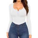 MANGOPOP Women Long Sleeve Scoop Neck Henley T Shirts Button Down Slim Fit Tops Ribbed Knit Shirts (White, Medium)