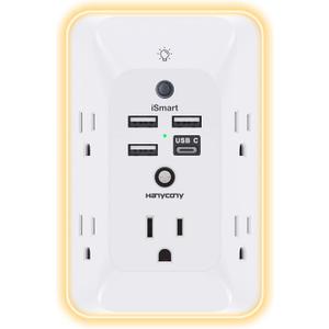 Outlet Extender with Night Light, HANYCONY Multi Plug Outlet, USB Wall Charger Surge Protector 4 USB Ports(1 USB C), Power Strip Electrical Outlet Splitter Expander for Home Office Dorm Room, ETL (White)