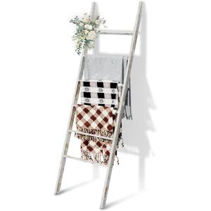 6-Tier Blanket Ladder Wooden, 5.7FT(66.5'') Blanket Quilt Towel Holder Rack Decorative Ladder, Easy Assembly, Rustic Farmhouse Ladder Shelf for the Living Room Bedroom Bathroom Home Decor, White Wash