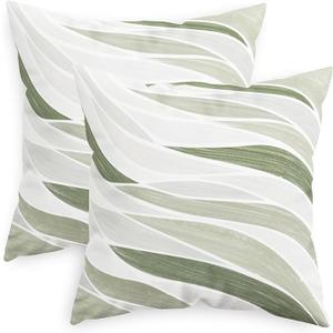 CaliTime Throw Pillow Covers Decorative 18 X 18 Inches Pack of 2 Cozy Fleece Two-Tone Abstract Sea Wave Geometric Cushion Cases for Couch Bed Sofa Farmhouse Decoration Sage Green Grey