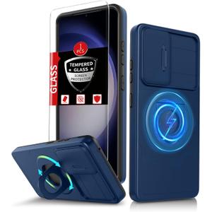 Samsung Galaxy S23 Case Magnetic Compatible with MagSafe Wireless Charging,with Screen Protector,Built-in Kickstand Ring+Camera Cover Anti-Scratch Shockproof Heavy Duty Protection Blue