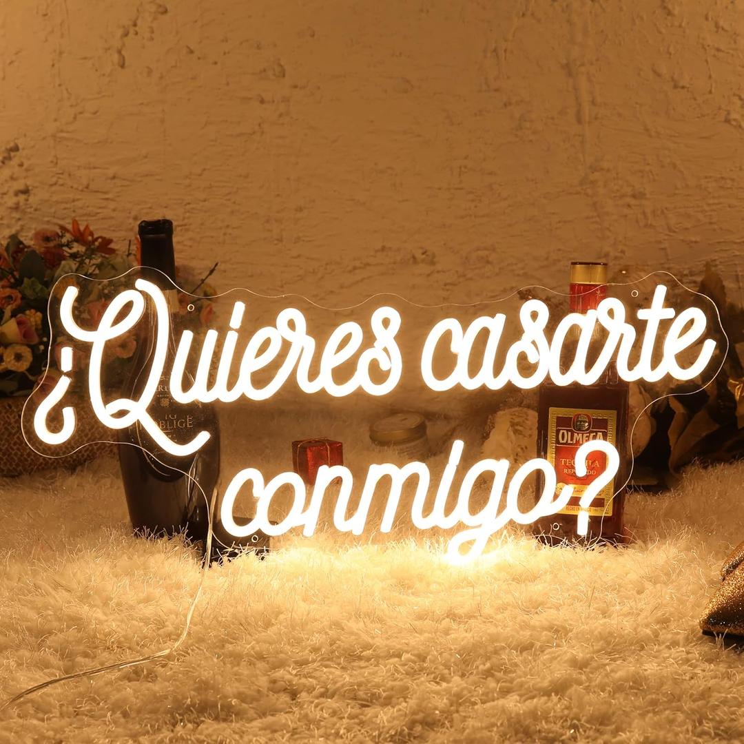 Neon Sign for Wall Decor, Will You Marry Me for Proposal Wedding Decorations, Custom Neon Signs for Bedroom, Personalized Light Up LED Sign (Warm White-Quieres Casarte Conmigo?)