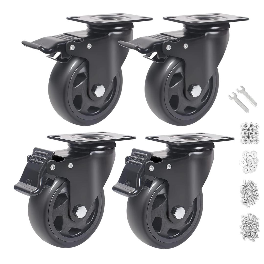 4 Inch Caster Wheels 2000lbs,Casters Set of 4,Heavy Duty Plate Casters with Double Ball Bearings,YAEMIKY Premium Polyurethane Swivel Caster Wheels for Cart,Furniture,Workbench16pcs Screws Included