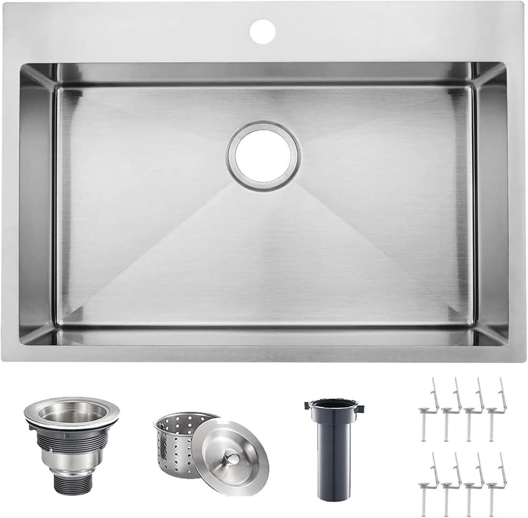 VAPSINT 28x18 Inch Drop in Kitchen Sink, 28 Inch Top Mount 16 Gauge Commercial T304 Stainless Steel Kitchen Sink, 9 Inch Deep Handmade Single Bowl Basin for Laundry Utility Wet Prep Sink, Fregadero