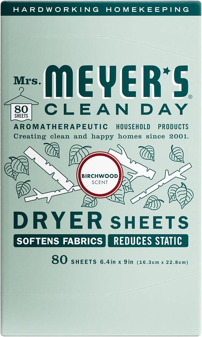 MRS. MEYER'S CLEAN DAY Dryer Sheets, Fabric Softener, Reduces Static, Infused with Essential Oils, Birchwood, 80 Count