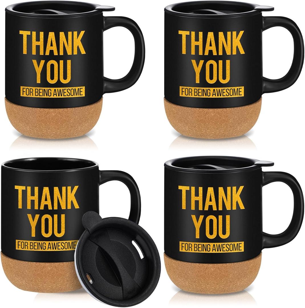 Zubebe 4 Pcs Thank You Coffee Mug 15oz Inspirational Ceramic Coffee Cups with Lid Cork Bottom Thank You for Being Awesome Mug Valentines Employee Appreciation Gifts for Nurse Teacher Coworker