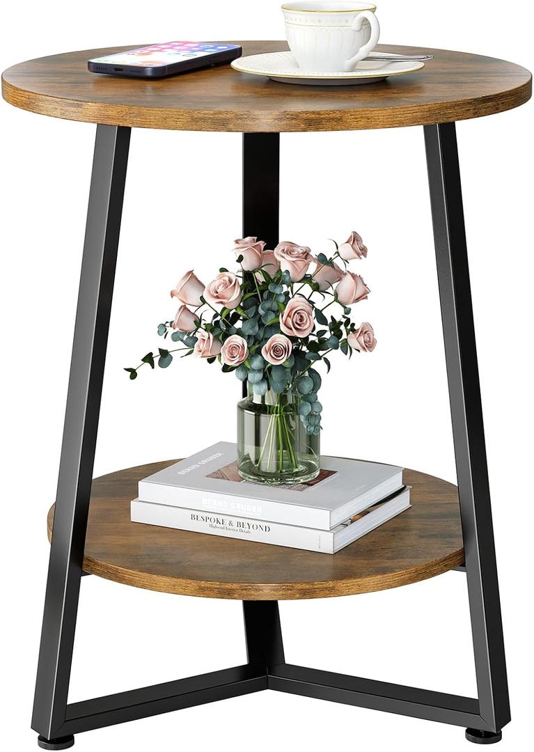Round Side Table, 2-Tier Small End Table with Storage Shelf, Ultra Stable Coffee End Table/Nightstand, Modern Farmhouse Couch Table for Living Room, Bedroom, Bedside Stand or Small Spaces, Brown, 1 Pcs