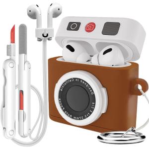for Airpods 4 Case Cover with Magnetic Anti-Lost Straps & Cleaning Kit, Shockproof Silicone Camera Protector for Airpod 4th Generation Cases Wireless Charging with Keychain Accessories (Brown)