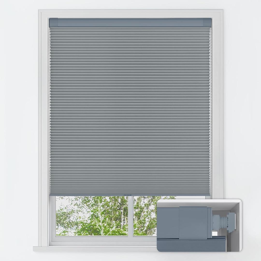LazBlinds No Tools No Drill Cordless Cellular Shades, Blackout Light Blocking Honeycomb Shades for Home, Thermal Insulation Blinds for Windows, 37" W x 64" H, Dark Grey