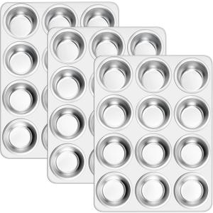 E-far 12-Cup Muffin Pan Set of 3, Stainless Steel Cupcake Pan Tins, Non-Toxic Metal Cupcake Tray for Baking Small Muffin Cakes, Heavy Duty & Regular Size, Rust Free & Dishwasher Safe