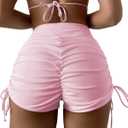 Women's V Cross High Waisted Swim Shorts Ruched Side Tie Boy Shorts Swimsuit Bottoms with Liner (X-Large, Pink)